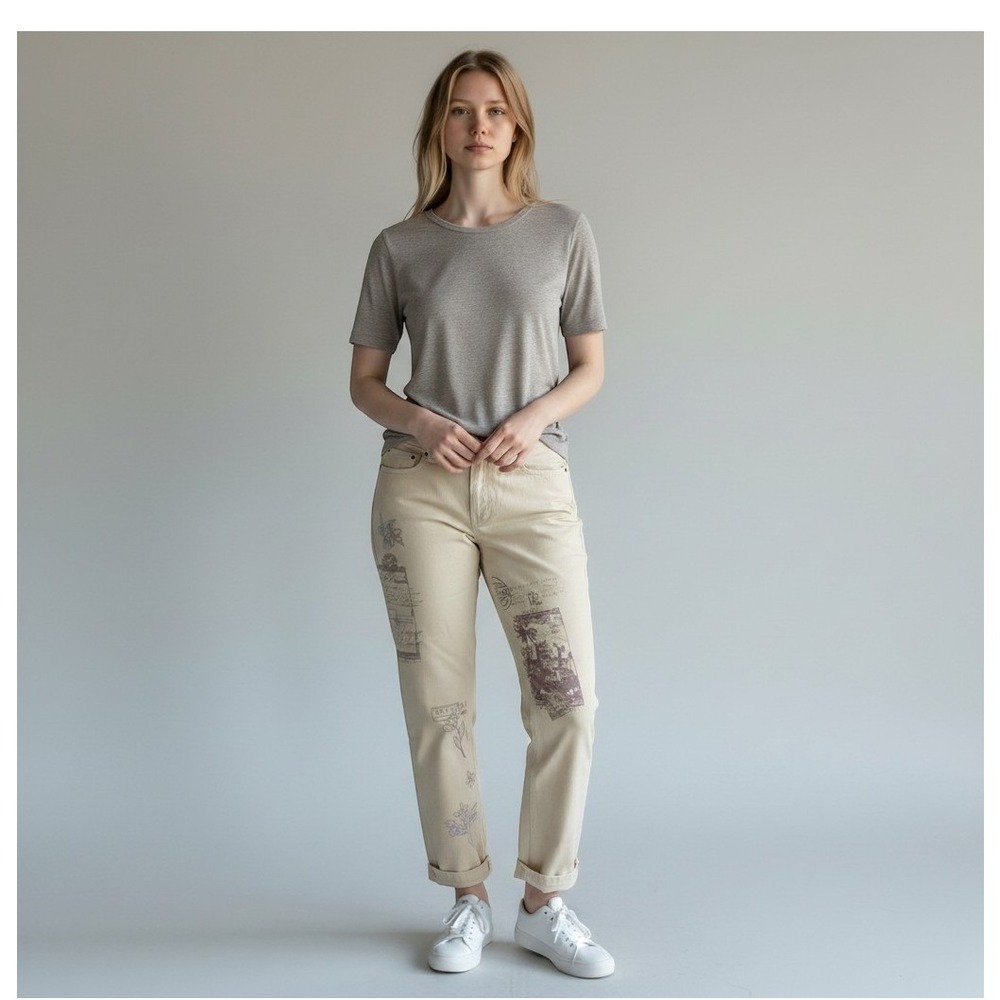 Lauren Ralph Lauren Relaxed Taper Jeans Womens 14P Cream NWT Graphic Print Denim